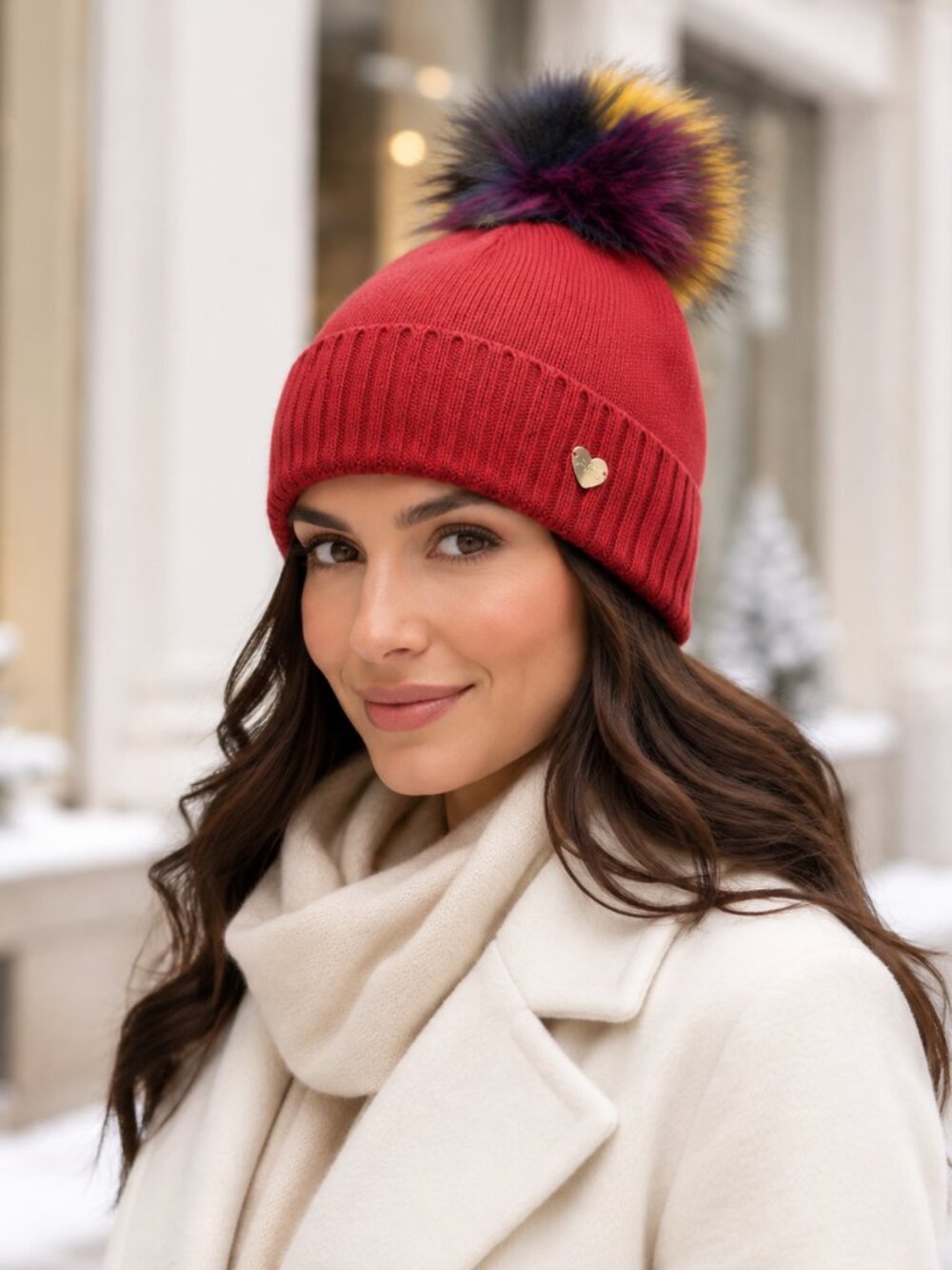 Betsey Johnson Red Knit Beanie Multicolor Faux Fur Pom Pom Hat NWT